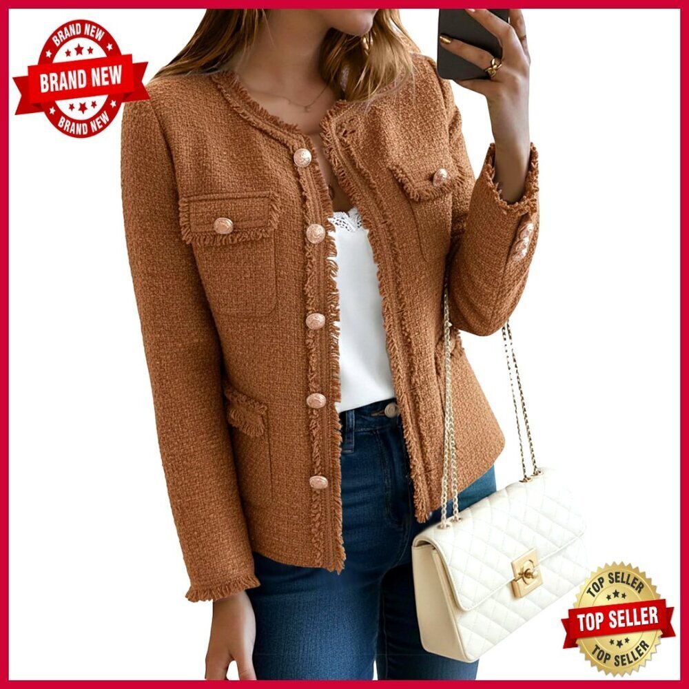 Tweed Blazer Jacket with Pockets, Crewneck, Open Front, Office Wear